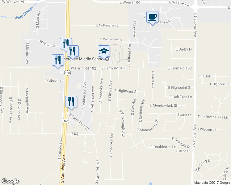 map of restaurants, bars, coffee shops, grocery stores, and more near 5533 South Kimbrough Avenue in Springfield