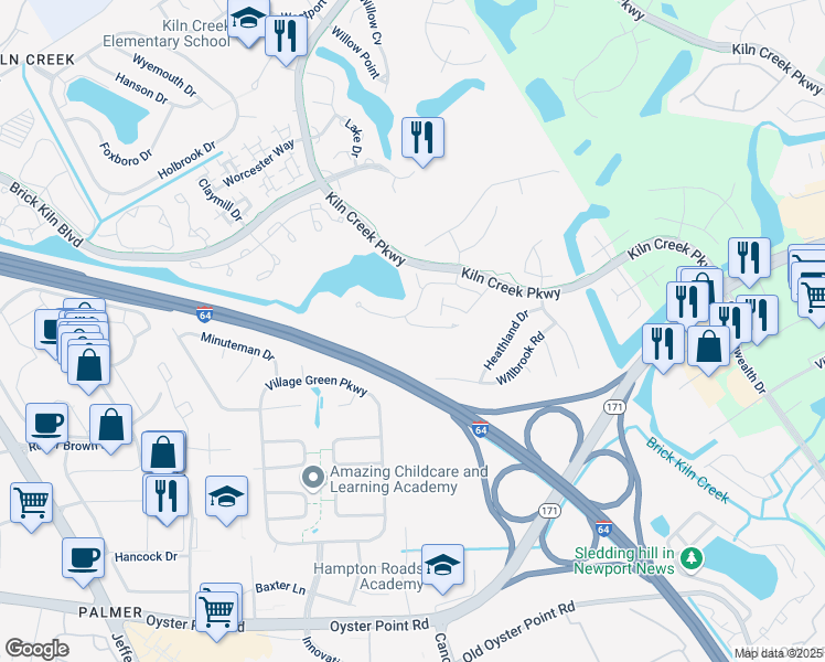 map of restaurants, bars, coffee shops, grocery stores, and more near 110 Sarazen Court in Newport News