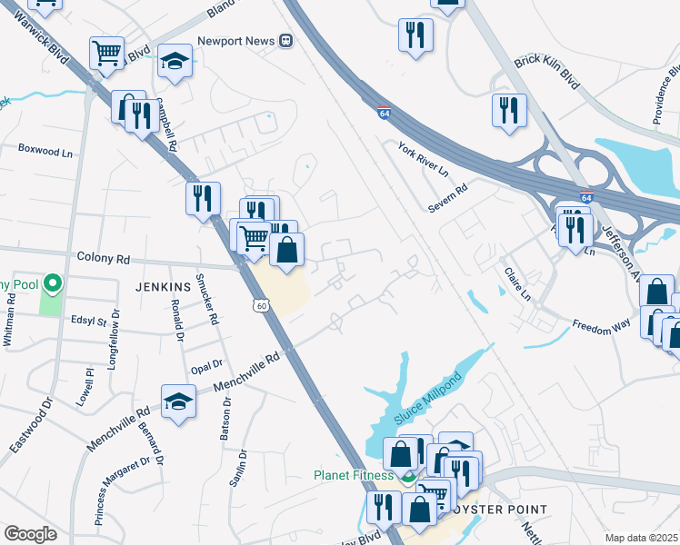 map of restaurants, bars, coffee shops, grocery stores, and more near 13219 Aqueduct Drive in Newport News
