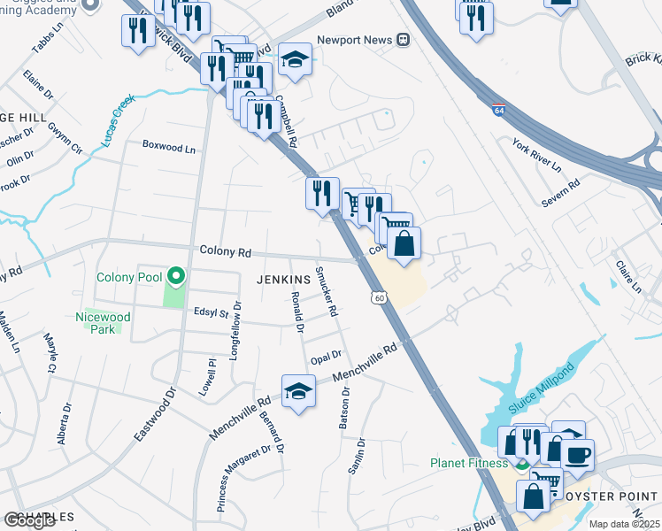 map of restaurants, bars, coffee shops, grocery stores, and more near 41 Smucker Road in Newport News