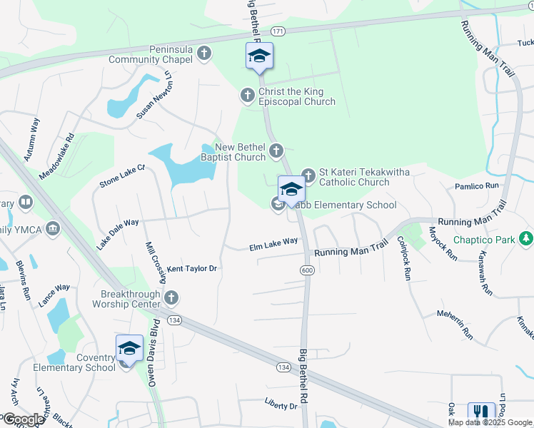 map of restaurants, bars, coffee shops, grocery stores, and more near 3711 Big Bethel Road in Yorktown