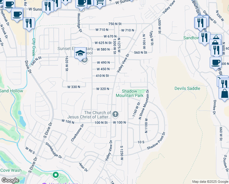 map of restaurants, bars, coffee shops, grocery stores, and more near 299 1280 West Street in St. George