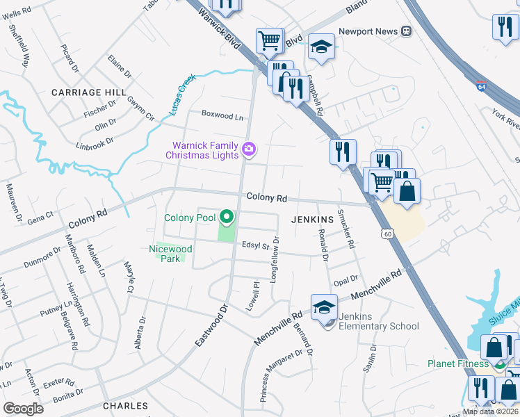 map of restaurants, bars, coffee shops, grocery stores, and more near 149 Hawthorne Drive in Newport News