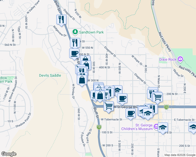 map of restaurants, bars, coffee shops, grocery stores, and more near 280 500 West Street in St. George