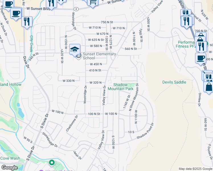 map of restaurants, bars, coffee shops, grocery stores, and more near 299 1280 West Street in St. George