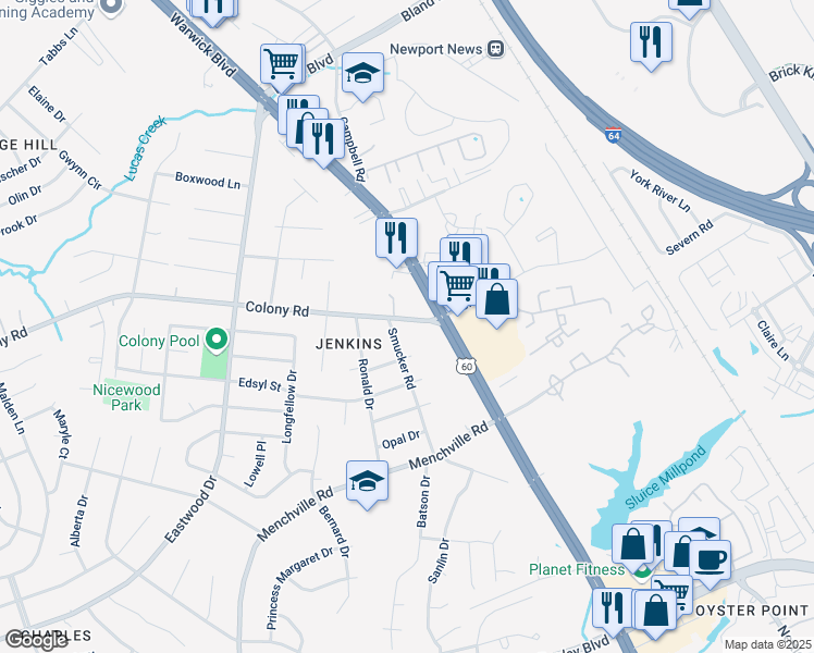 map of restaurants, bars, coffee shops, grocery stores, and more near 41 Smucker Road in Newport News