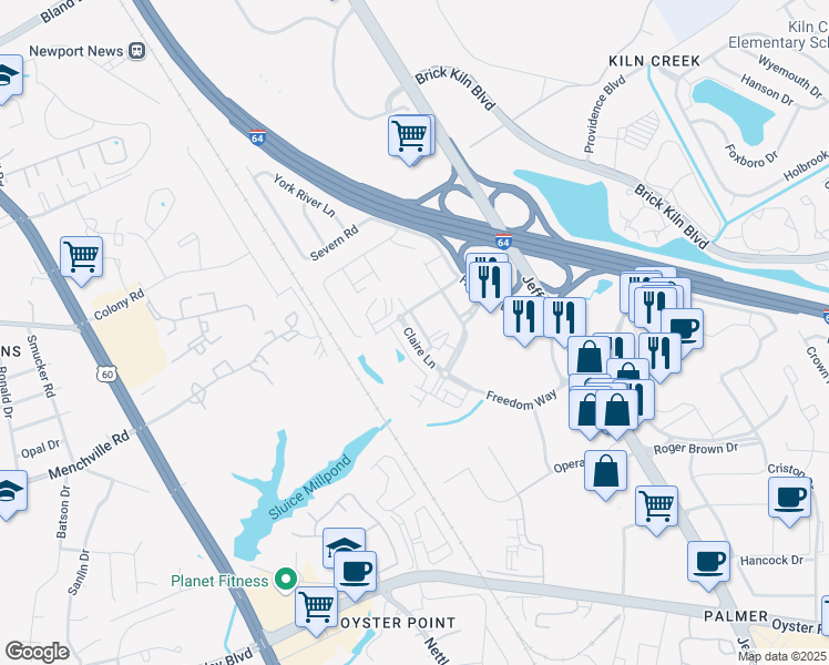 map of restaurants, bars, coffee shops, grocery stores, and more near 656 Claire Lane in Newport News