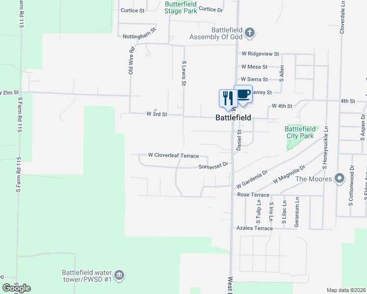 map of restaurants, bars, coffee shops, grocery stores, and more near 5699 South Lewis Street in Battlefield