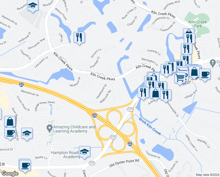 map of restaurants, bars, coffee shops, grocery stores, and more near 935 Willbrook Road in Newport News