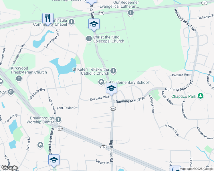 map of restaurants, bars, coffee shops, grocery stores, and more near 3711 Big Bethel Road in Yorktown