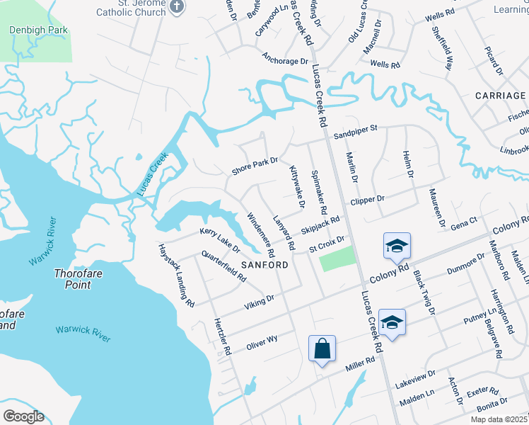 map of restaurants, bars, coffee shops, grocery stores, and more near 513 Lanyard Road in Newport News