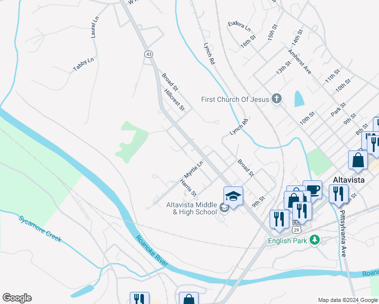 map of restaurants, bars, coffee shops, grocery stores, and more near 1207 Woodland Avenue in Altavista