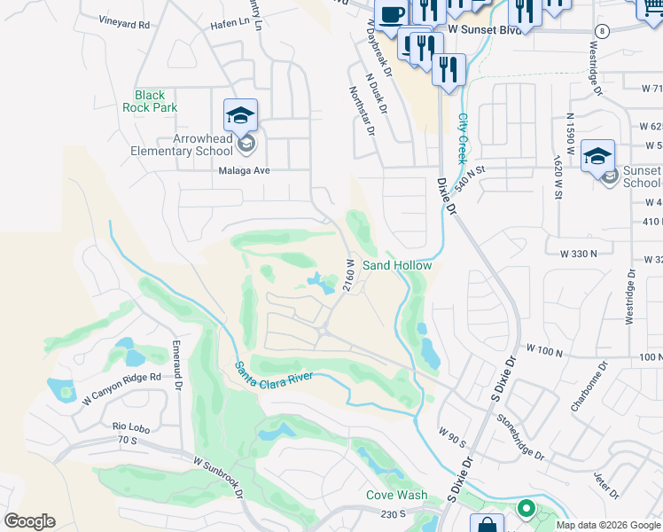 map of restaurants, bars, coffee shops, grocery stores, and more near 271 North Country Lane in St. George