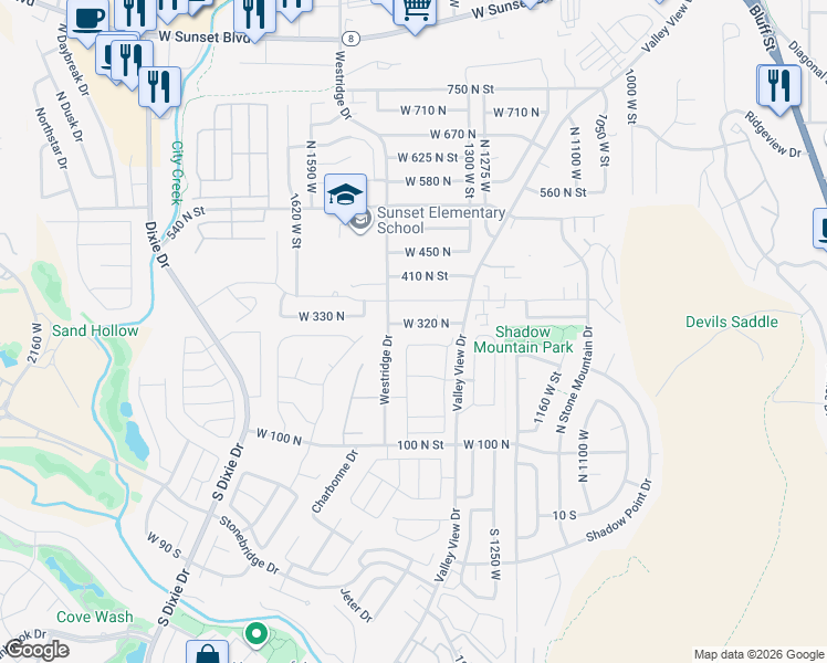 map of restaurants, bars, coffee shops, grocery stores, and more near 225 Valley View Drive in St. George