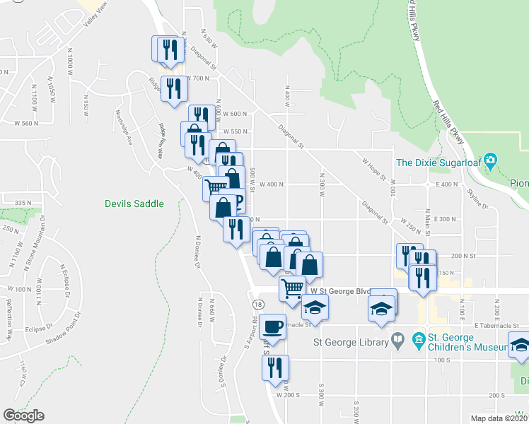map of restaurants, bars, coffee shops, grocery stores, and more near 280 500 West Street in St. George
