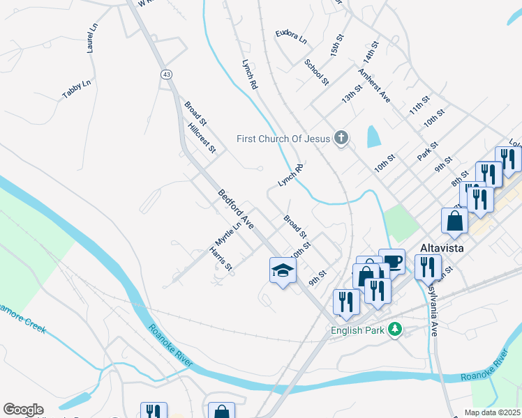map of restaurants, bars, coffee shops, grocery stores, and more near 1105 Commonwealth Drive in Altavista