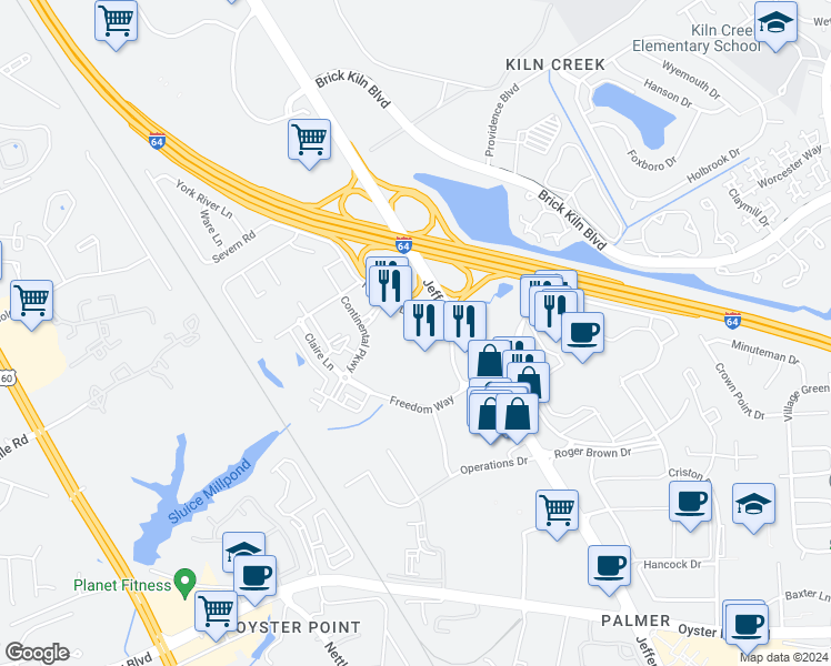 map of restaurants, bars, coffee shops, grocery stores, and more near 100 Freedom Boulevard in Yorktown