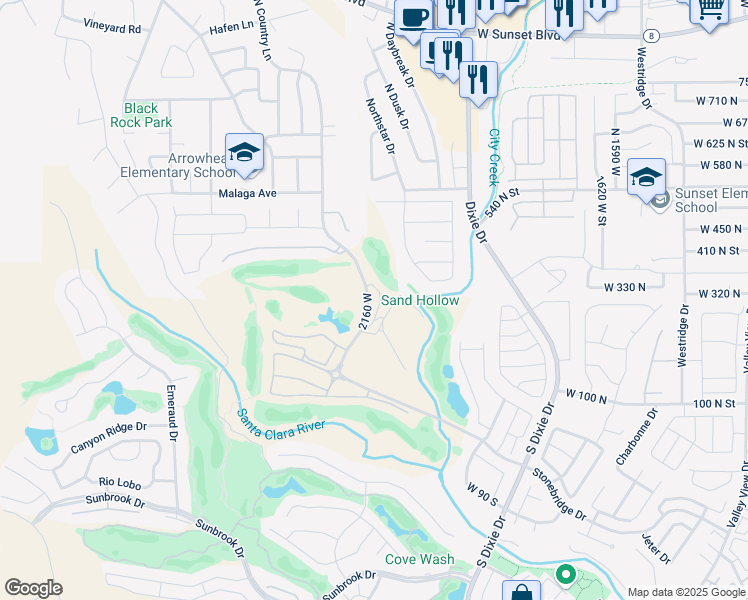 map of restaurants, bars, coffee shops, grocery stores, and more near 340 North Country Lane in St. George