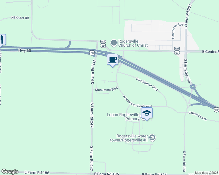 map of restaurants, bars, coffee shops, grocery stores, and more near 1105 Monument Boulevard in Rogersville