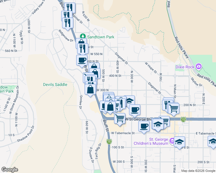 map of restaurants, bars, coffee shops, grocery stores, and more near 462 West 300 North in St. George