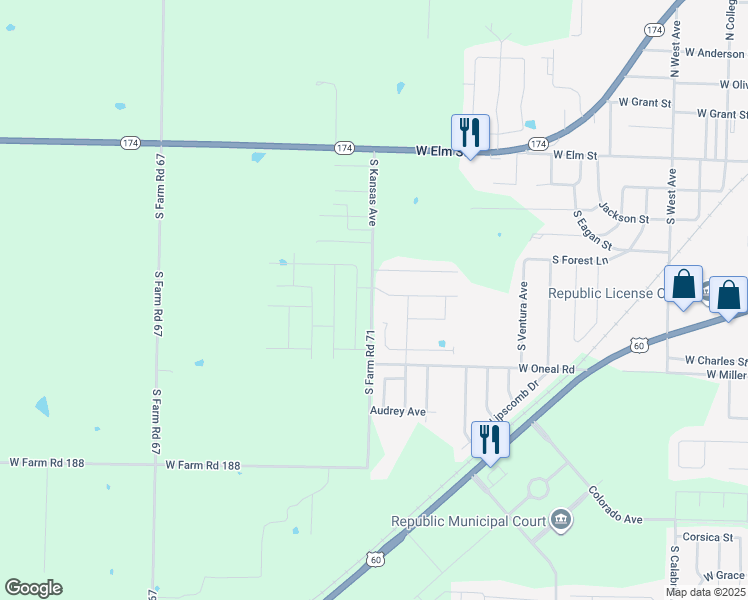 map of restaurants, bars, coffee shops, grocery stores, and more near 490 South Farm Road 71 in Republic
