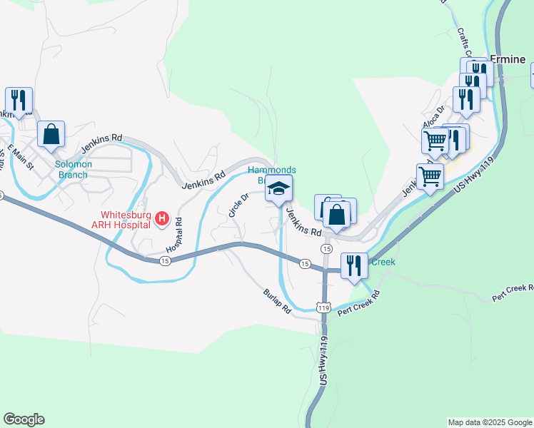 map of restaurants, bars, coffee shops, grocery stores, and more near 185 Circle Drive in Whitesburg