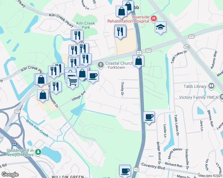map of restaurants, bars, coffee shops, grocery stores, and more near 107 Don Juan Circle in Yorktown