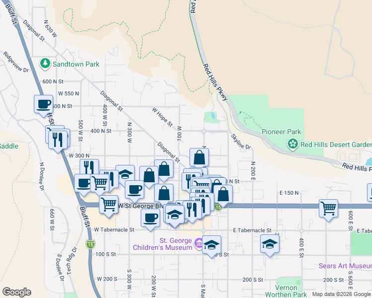 map of restaurants, bars, coffee shops, grocery stores, and more near 360 N 100 W in St George