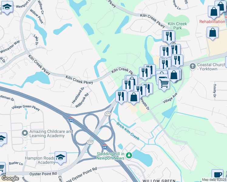 map of restaurants, bars, coffee shops, grocery stores, and more near 971 Shoreline Point in Newport News