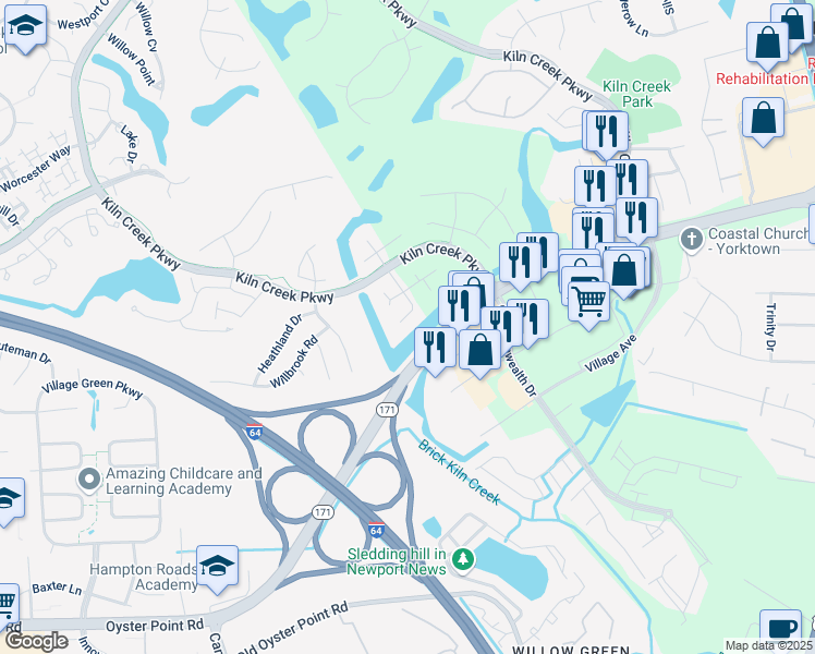 map of restaurants, bars, coffee shops, grocery stores, and more near 971 Shoreline Point in Newport News