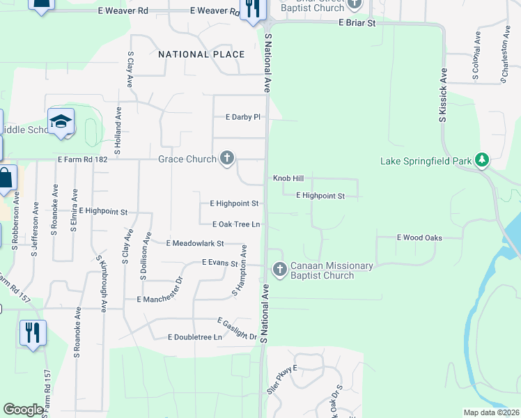 map of restaurants, bars, coffee shops, grocery stores, and more near 5451-5537 South National Avenue in Springfield
