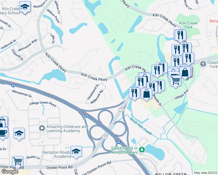 map of restaurants, bars, coffee shops, grocery stores, and more near 912 Dunhill Way in Newport News