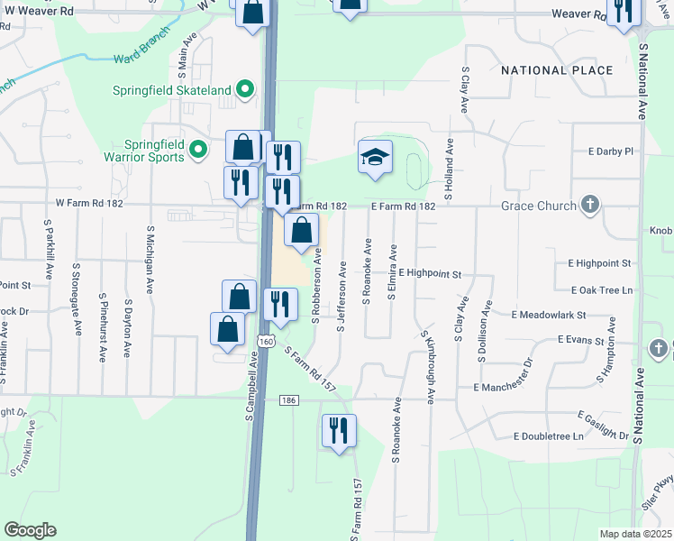 map of restaurants, bars, coffee shops, grocery stores, and more near 5520 South Robberson Avenue in Springfield