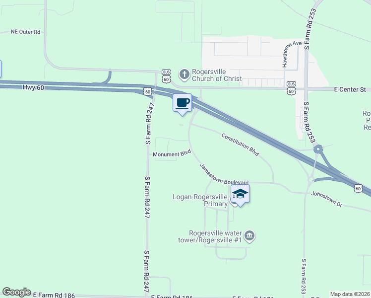map of restaurants, bars, coffee shops, grocery stores, and more near Jamestown Blvd in Rogersville