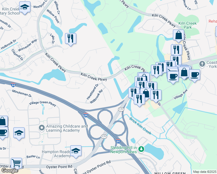 map of restaurants, bars, coffee shops, grocery stores, and more near 912 Dunhill Way in Newport News