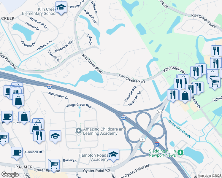 map of restaurants, bars, coffee shops, grocery stores, and more near 119 Sarazen Court in Newport News