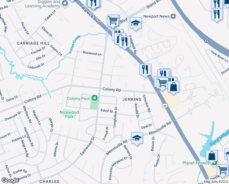 map of restaurants, bars, coffee shops, grocery stores, and more near 149 Colony Road in Newport News