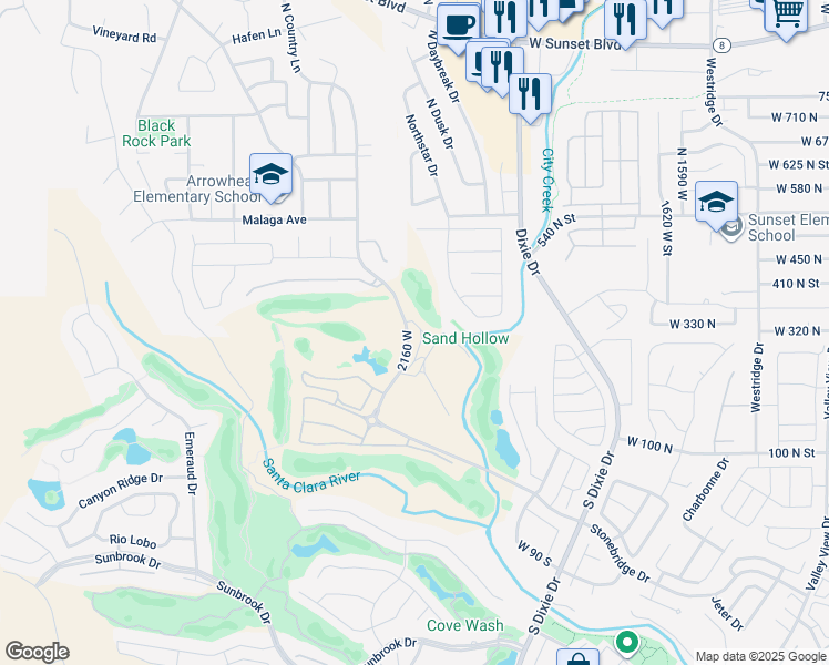 map of restaurants, bars, coffee shops, grocery stores, and more near 340 North Country Lane in St. George