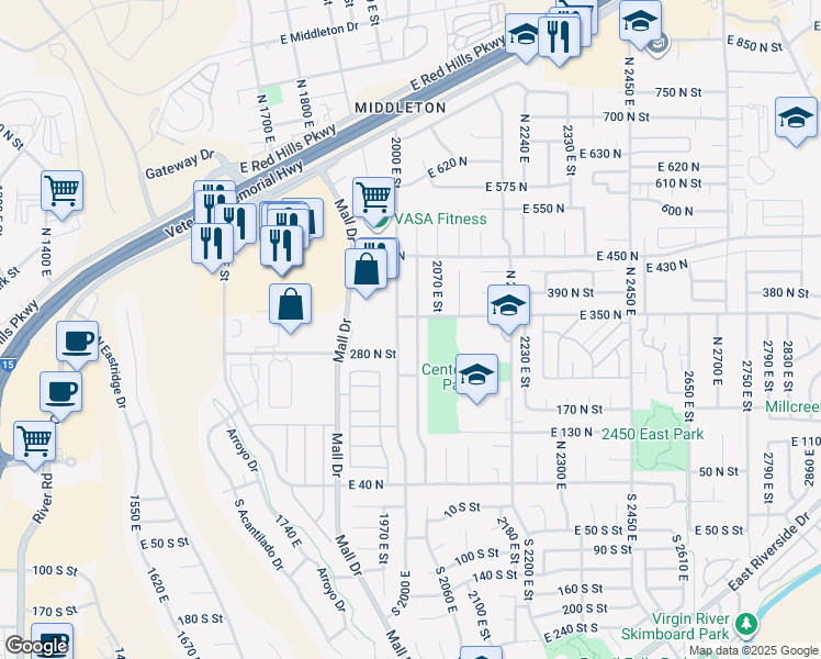 map of restaurants, bars, coffee shops, grocery stores, and more near 327 North 2040 East Street in St. George