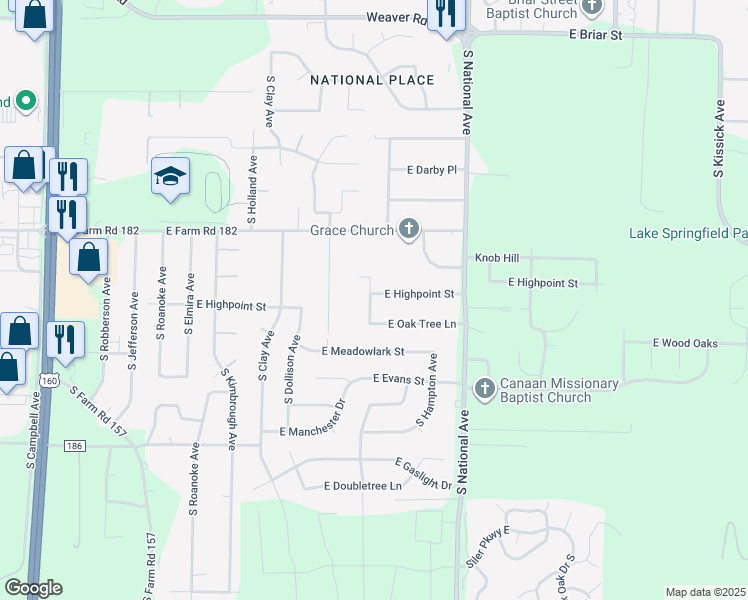 map of restaurants, bars, coffee shops, grocery stores, and more near 1006 East Highpoint Street in Springfield