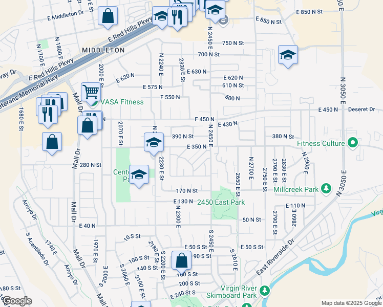 map of restaurants, bars, coffee shops, grocery stores, and more near 2357 East 350 North in St. George