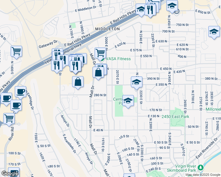 map of restaurants, bars, coffee shops, grocery stores, and more near 327 North 2040 East Street in St. George