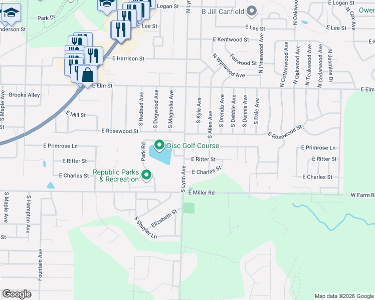 map of restaurants, bars, coffee shops, grocery stores, and more near 1101 East Primrose Lane in Republic