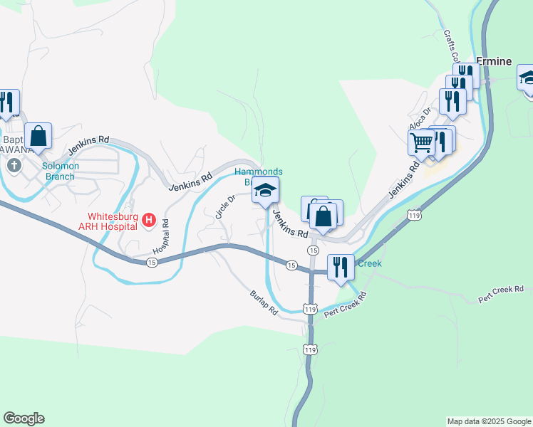 map of restaurants, bars, coffee shops, grocery stores, and more near 185 Circle Drive in Whitesburg