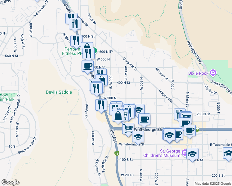 map of restaurants, bars, coffee shops, grocery stores, and more near 366 500 West Street in St. George