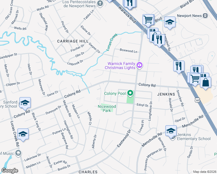map of restaurants, bars, coffee shops, grocery stores, and more near 212 Colony Road in Newport News