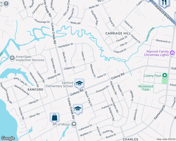 map of restaurants, bars, coffee shops, grocery stores, and more near 415 Maureen Drive in Newport News