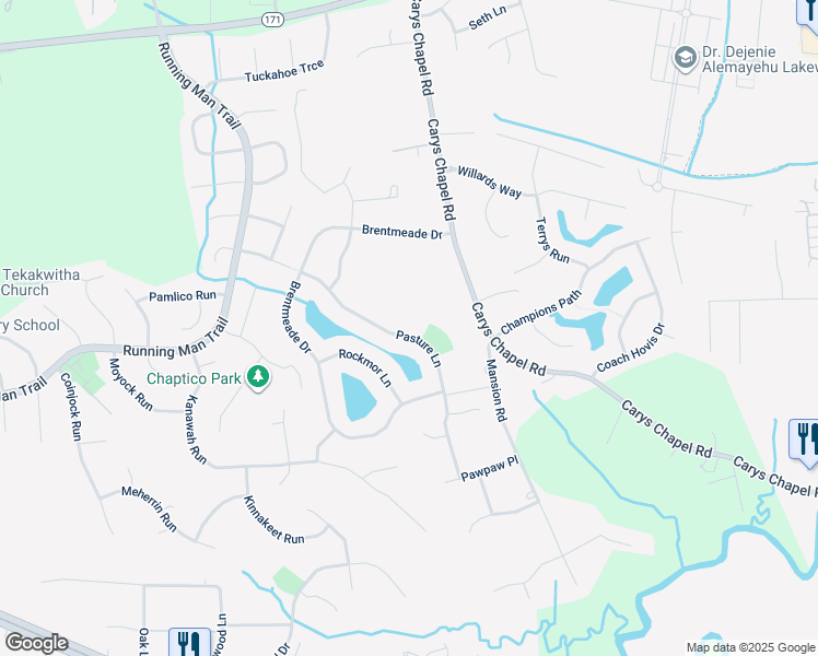 map of restaurants, bars, coffee shops, grocery stores, and more near 223 Pasture Ln in Yorktown