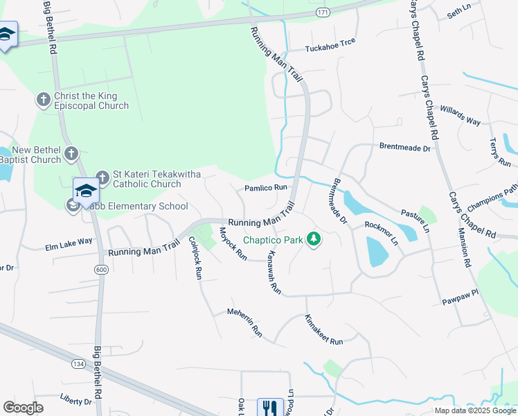 map of restaurants, bars, coffee shops, grocery stores, and more near 106 Chowan Turn in Yorktown