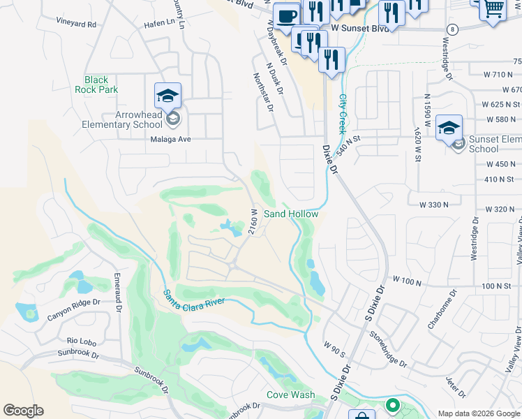 map of restaurants, bars, coffee shops, grocery stores, and more near 340 North Country Lane in St. George